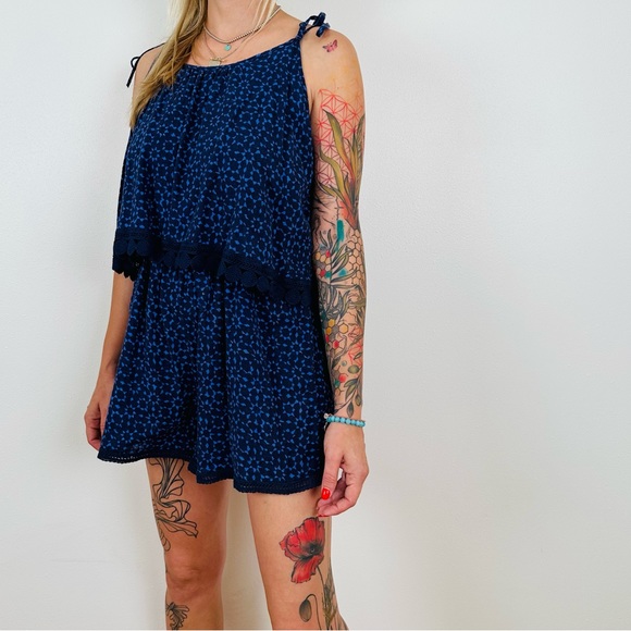 Aerie Blue Printed Tie Shoulder Romper Boho - Picture 3 of 7